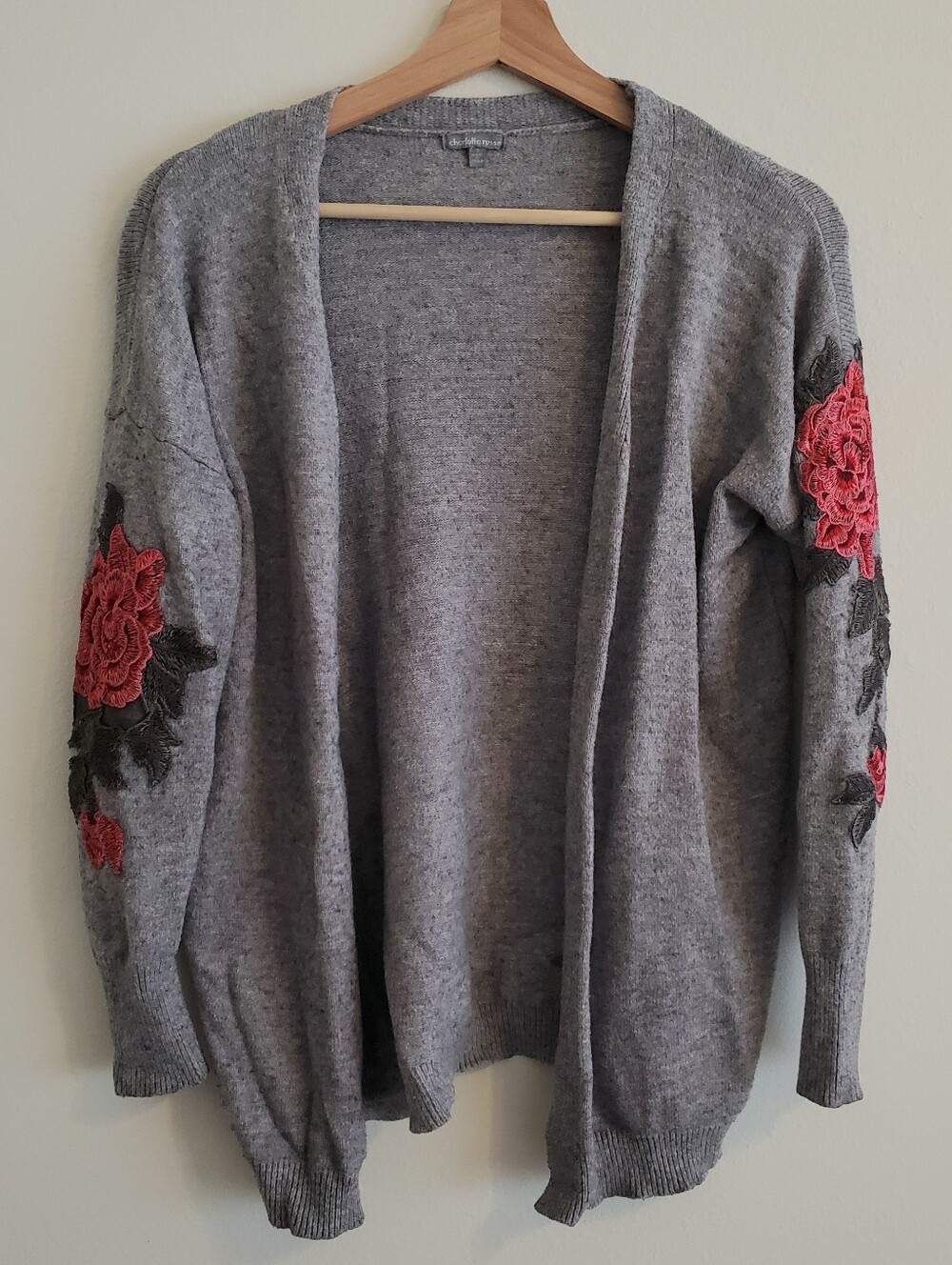 Y2K Cozy Rose Applique Patch Grey Sweater - Small